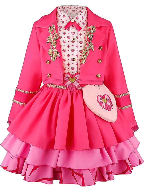 Halloween Princess Costume for Girls, Pink Princess Dress with Jacket, Belt & Heart Bag, Halloween Cosplay Party Outfit & Fancy Dress Up