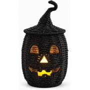 Guvpev Halloween Pumpkin Lantern Decor, 12" Handwoven Wicker Jack-O -Lantern with LED Candle, Lighted Woven Seagrass Pumpkin Basket for Porch, Tabletop, Fireplace, Indoor Outdoor Festive Parties