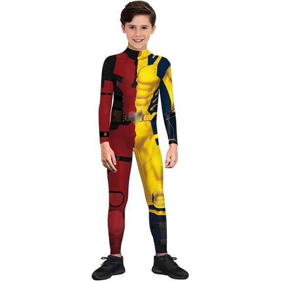 Guvpev Halloween Superhero Cosplay Costume, Split Red Mercenary and Yellow Combat Hero 3D Spandex Bodysuit Jumpsuit, 2-in-1 Full Body Dress-Up Outfit for Halloween Party, Birthday, Carnival