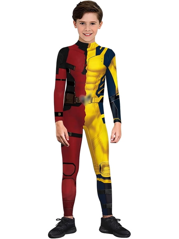 Halloween Superhero Cosplay Costume, Split Red Mercenary and Yellow Combat Hero 3D Spandex Bodysuit Jumpsuit, 2-in-1 Full Body Dress-Up Outfit for Halloween Party, Birthday, Carnival