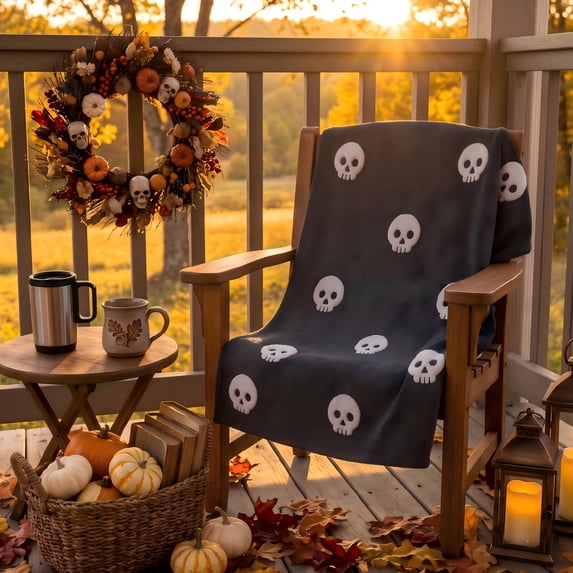 Guvpev Halloween Throw Blanket 39.4"x27.6" - Black Soft Flannel Decorative Blanket with Textured Skulls, Spooky Halloween Home Accent for Couch, Bed, Travel, Living Room & Fall Holiday Decor
