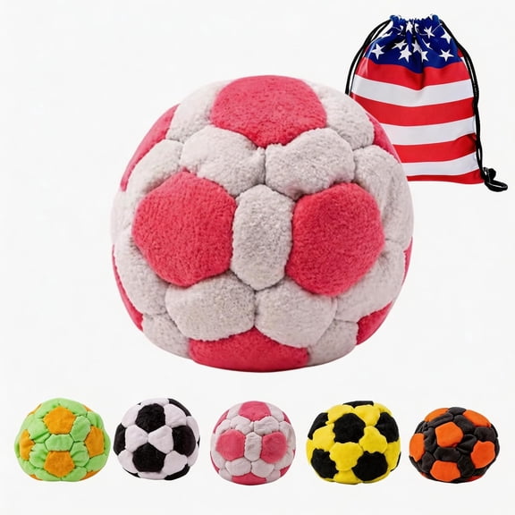 Guvpev Hand-Made Footbag Set with USA Flag Drawstring Bag, 32-Panel Pellet Filled Hacky Kick Sack Balls for Teens & Adults, Soft Plush Soccer Style Foot Toys for Outdoor Games & Agility Training