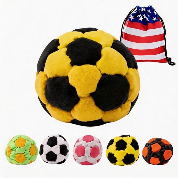 Guvpev Hand-Made Footbag Set with USA Flag Drawstring Bag, 32-Panel Pellet Filled Hacky Kick Sack Balls for Teens & Adults, Soft Plush Soccer Style Foot Toys for Outdoor Games & Agility Training