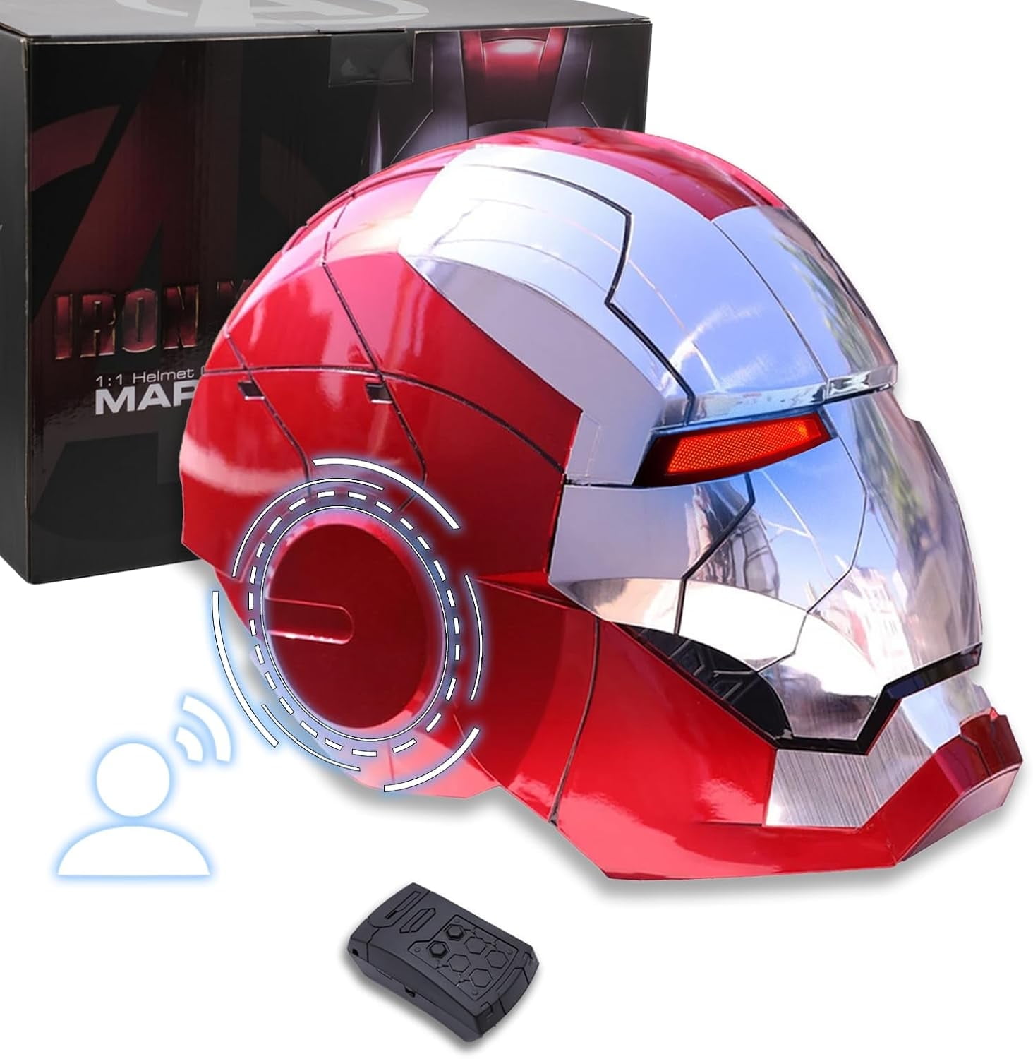 Guvpev Iron Hero Man Helmet, MK 5 Silver Voice Control/Sensing/Remote Control Open/Close with Sounds & LED Eyes Light Up Super Hero 1:1 Model Cosplay Prop for Halloween Christmas and Birthday