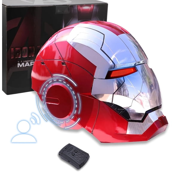 Guvpev Iron Helmet, MK 5 Silver Voice Control/Sensing/Remote Control Open/Close with Sounds & LED Eyes Light Up Super Hero 1:1 Model Cosplay Prop for Halloween Christmas and Birthday