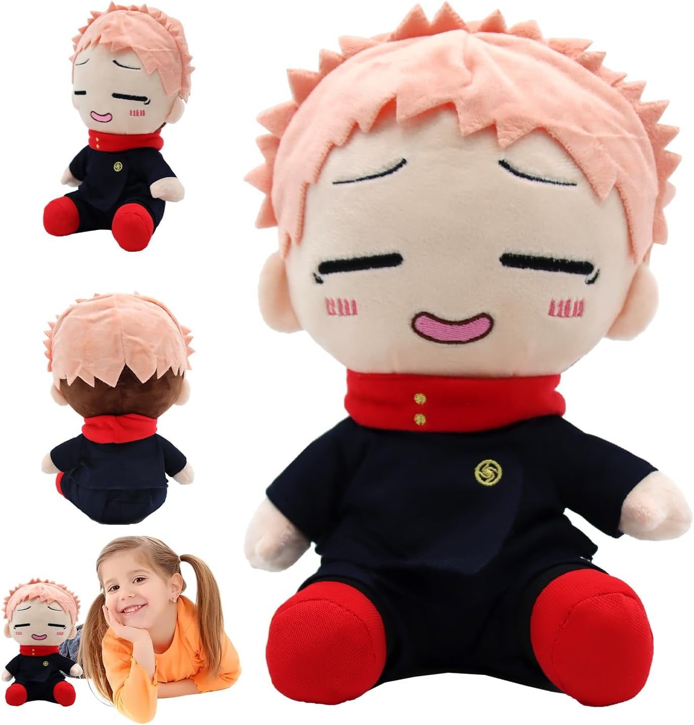 Guvpev Jujutsu Kaisen Plush - 9" Yuji Itadori Anime Figure Toy, Cartoon Soft Stuffed Toys, Yuji Itadori Plushies Throw Pillow, Jujutsu Kaisen Series Figure Toys JJK Collectibles for Kids Fans Gifts