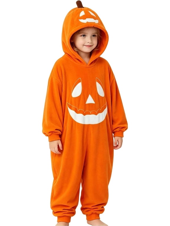 Kids Pumpkin Halloween Costume, Plush Zippered Onesie Jumpsuit with Hoodie, Cute Jack-O-Lantern Dress Up Pajamas for Boys & Girls, Ages 2-12 Years