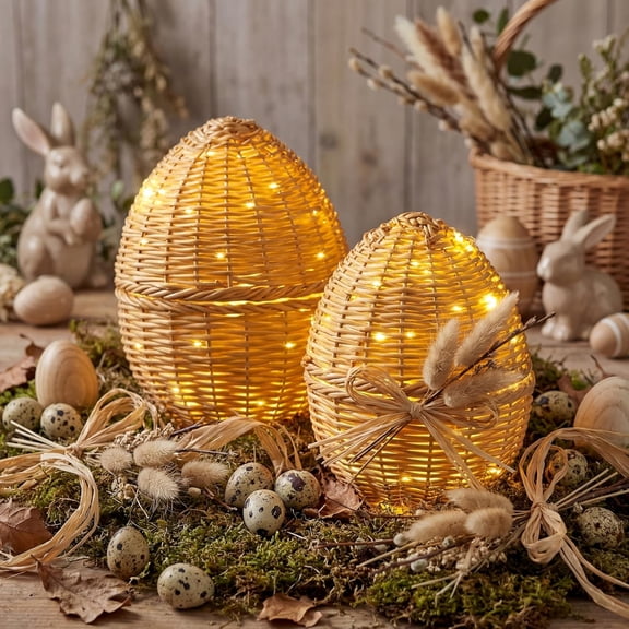 Guvpev Lighted Easter Egg Decorations, Set of 2 Hand-Woven Rattan Eggs with Warm LED Lights, 9.8" & 8.7" Rustic Farmhouse Spring Decor for Table Centerpiece, Mantel, Boho Porch & Garden