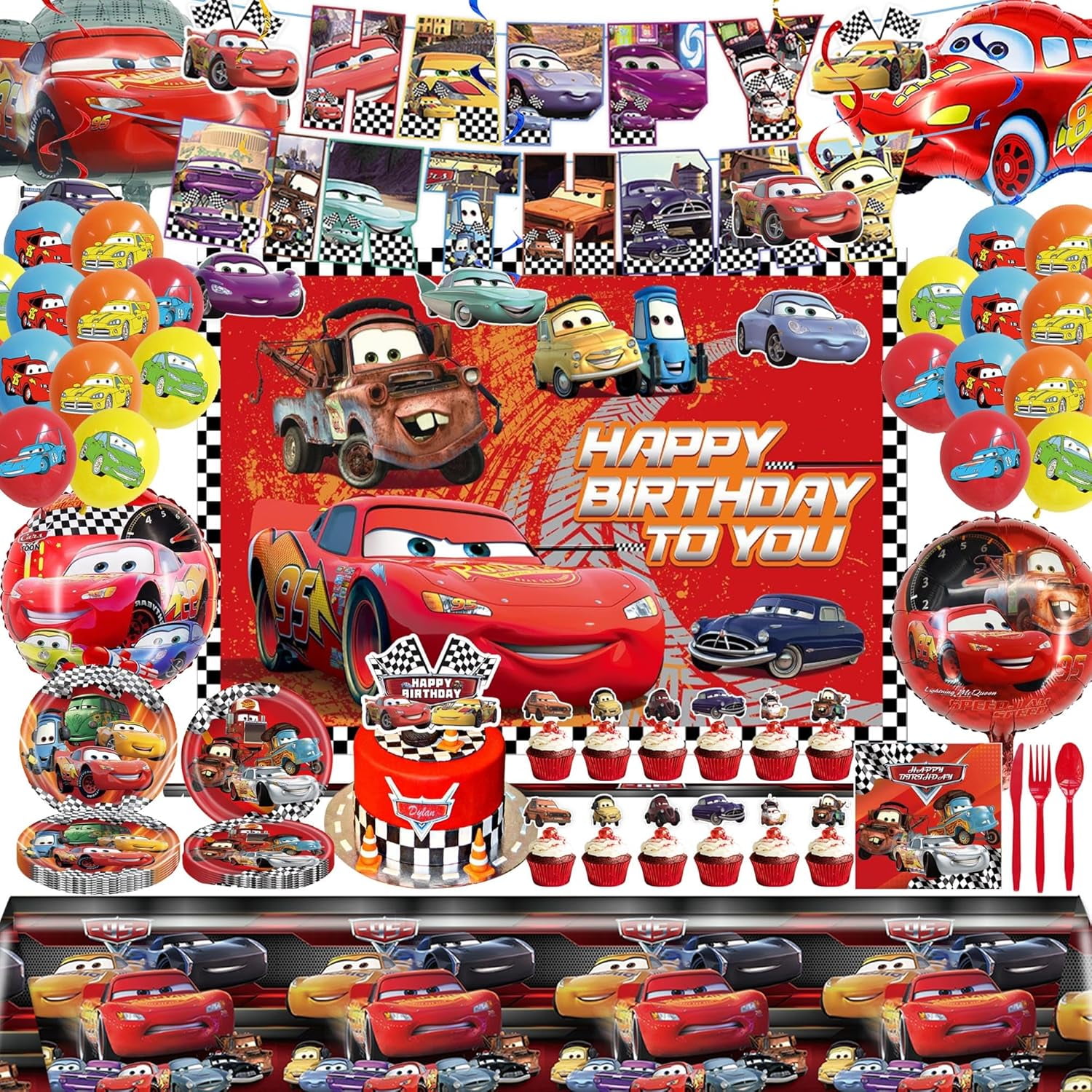 Guvpev Lightning Mcqueen Birthday Decorations, Cartoon Cars Birthday Party Supplies Include Banner, Tablecloth, Balloons, Cupcake Toppers, Cake Toppers, Tableware, for Boys Girls Cars Theme Party