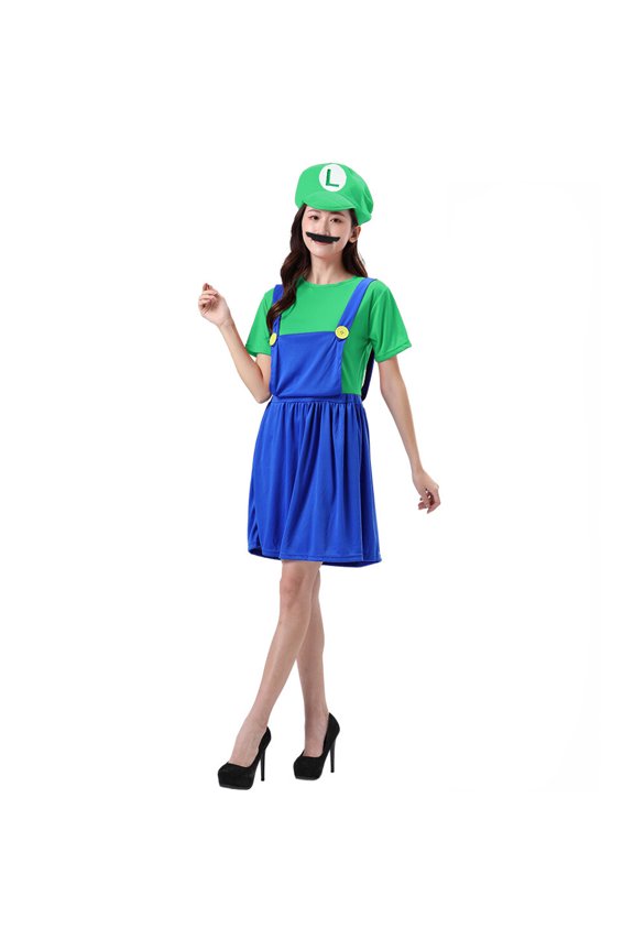 Mario Bros Halloween Costumes, Women Deluxe Mario & Luigi Costume with Hat & Mustache Dress up Accessories, Halloween Role Play Suit, Mario Brothers Fancy Dress Costume for Cosplay Party