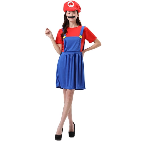 Guvpev Mario Bros Halloween Costumes, Women Deluxe Mario & Luigi Costume with Hat & Mustache Dress up Accessories, Halloween Role Play Suit, Mario Brothers Fancy Dress Costume for Cosplay Party