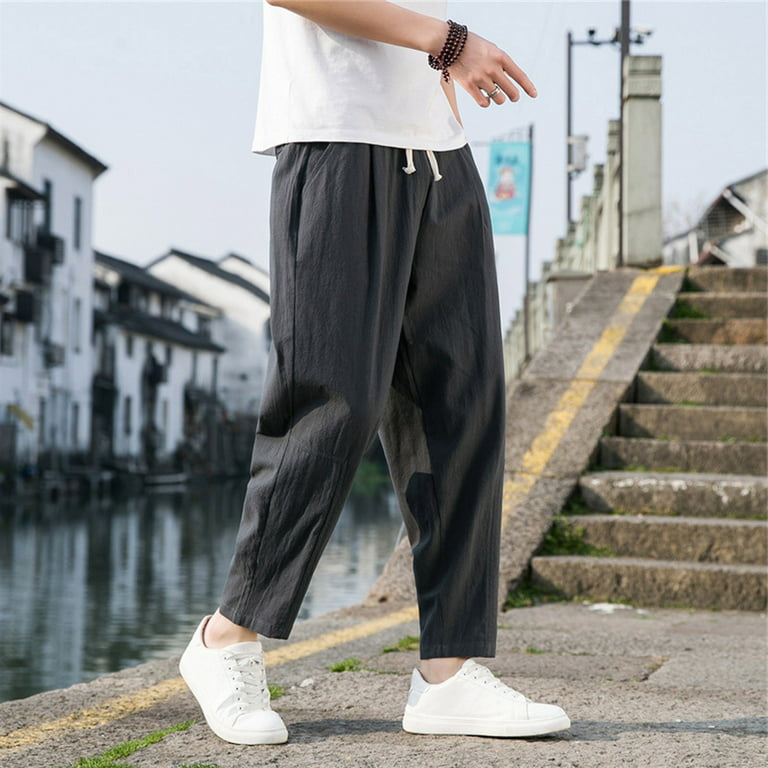 Guvpev Men's Casual Loose Pants Loose Fit Linen Comfortable Breathable Pants  - Dark Gray M 