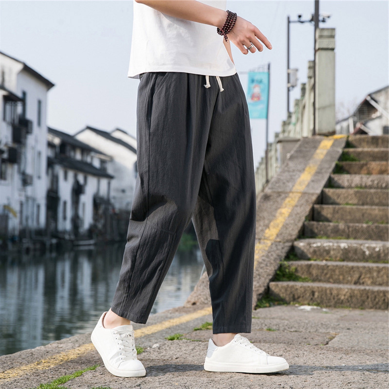 Japanese Fashion Mens Baggy Wide Leg Pants Loose Ninth Pants Casual Trousers  New | eBay