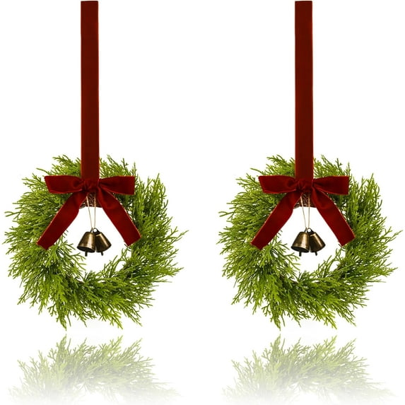 Guvpev Mini Christmas Wreath Set of 2, 12 Inch Small Wreaths for Kitchen Cabinets, with Deep Red Bow Vintage Bells Pine and Cypress Leaves for Fireplace Window Farmhouse Indoor Home Decorations