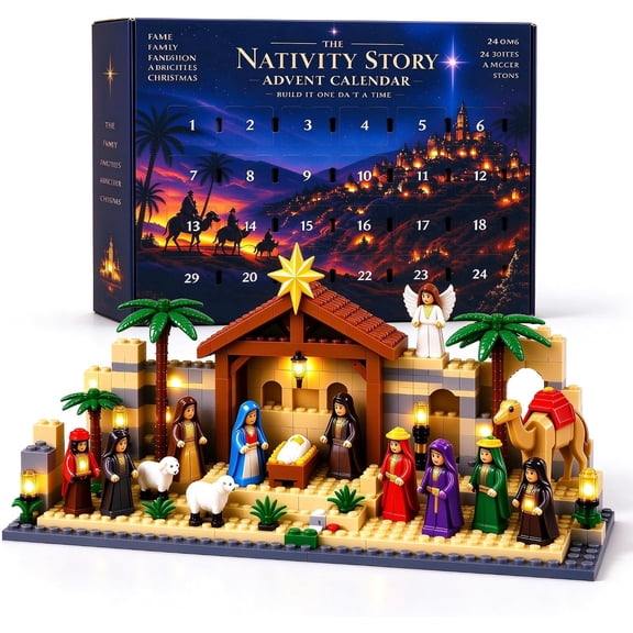 Guvpev Nativity Advent Calendar 2026, 24-Day Christmas Nativity Story Building Set with Lighted Manger Stable, Holy Family Figures & Animals, Religious Holiday Decor Gift