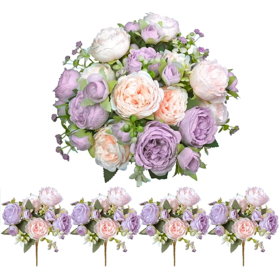 Guvpev Peony Artificial Flowers, 4 Bundles Fake Peonies Faux Flower Centerpieces for Tables Vase, Bulk Pink Purple Silk Peonies Artificial Bouquet for Wedding Decorations Indoor Floral Arrangement