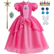 Guvpev Pink Satin Princess Costume Dress - Halloween Cosplay Coseume Deluxe Princess Dress with Crown & Dress up Accessories Classic Video Games Character Fancy Dress up for Carnival & Party