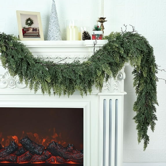 Guvpev Realistic Christmas Garland for Mantel, 9FT Real Touch Thick/Lush Artificial Cedar Garlands Christmas Decorations, Indoor Greenery Garland for Stairs Railing Outdoor Table Xmas Holiday Decor