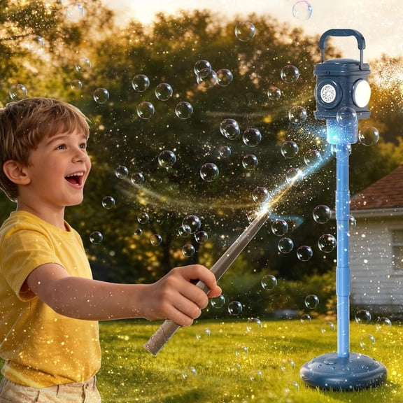 Guvpev Remote Control Automatic Bubble Machine with LED Lights, Battery Operated, Portable Standing Bubble Maker with Adjustable Height for Summer Outdoor Yard, Garden, Wedding & Birthday Party