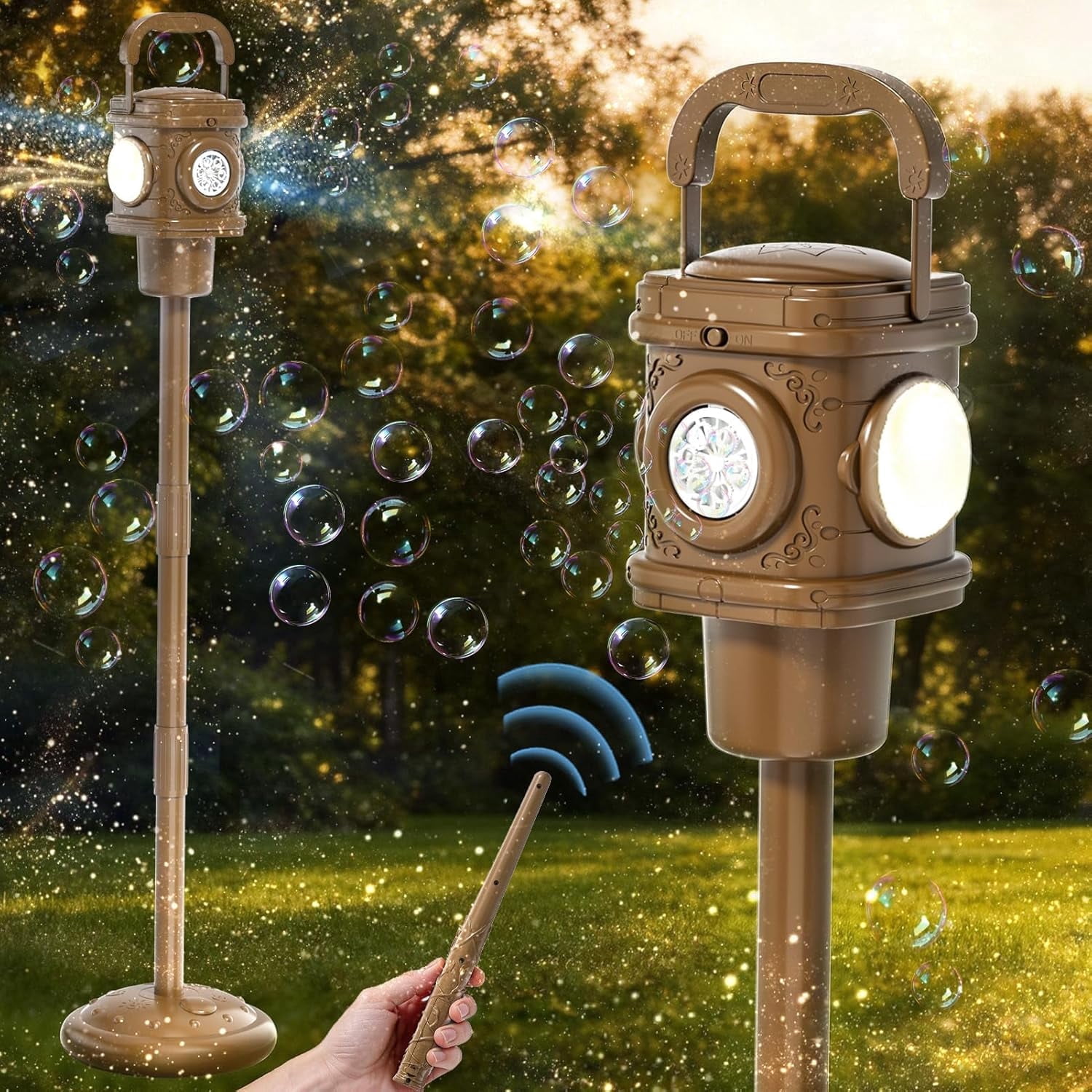Guvpev Remote Control Automatic Bubble Machine with LED Lights, Battery Operated, Portable Standing Bubble Maker with Adjustable Height for Summer Outdoor Yard, Garden, Wedding & Birthday Party