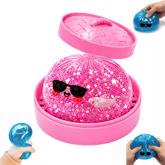 Guvpev Shark Dumpling Squishy with Steamer Box, Glitter Dumplings Squeeze Balls Stress Relief Sensory Fidget Toys for Party Favors & Birthday Gifts