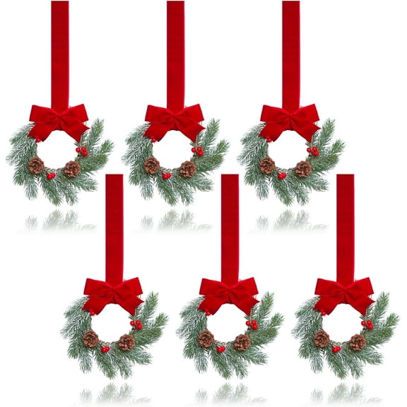 Guvpev Small Christmas Wreath with Red Ribbon, 9 Inch Mini Wreaths for Cabinet, Small Wreaths for Kitchen Cabinet Window Chair Fireplace Farmhouse, Christmas Kitchen Decor(6PCS)