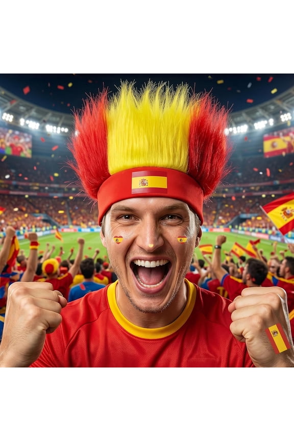 Spain Hairy Headband Wigs for Men Women, Red Yellow Cheering Fan Troll Wig Funny Party Crazy Hair Hats for 2026 World Soccer Cup Fans Party Supplies Cosplay Costume Accessories Sports Events
