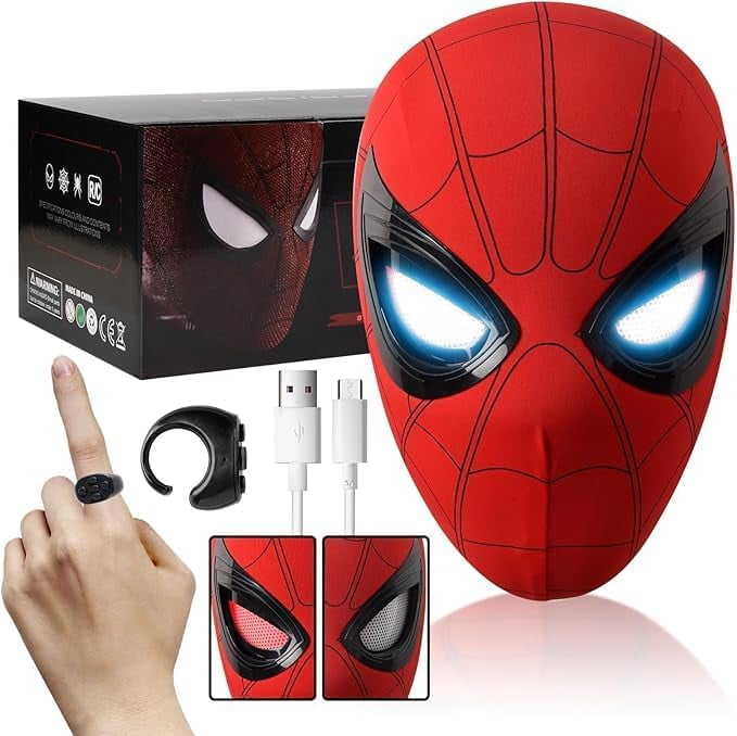 Guvpev Spider Mask, Electric Spider Superhero Role-Playing Mask with Moving Eyes and LED Lights, Full Face Movable Eyes Remote Control Mask, Perfect for Men, Teens, Halloween & Christmas Dress Up