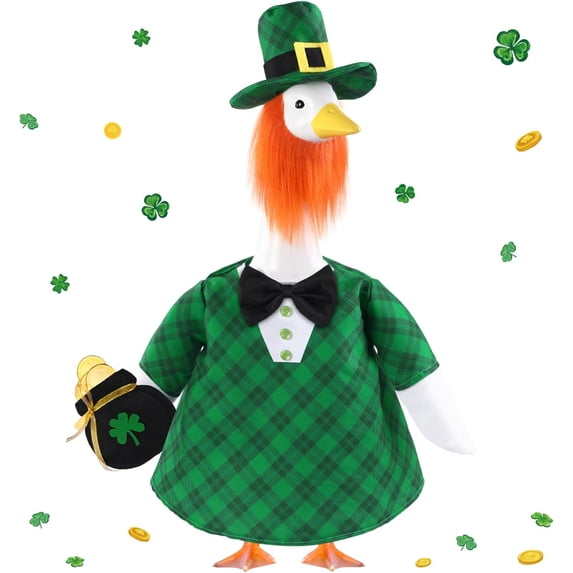 Guvpev St. Patrick's Day Goose Outfit - Lucky Irish Green Plaid Costume with Orange Beard and Pot of Gold - Festive Saint Paddy's Day Clothes for 23" Outdoor Porch Goose Statues