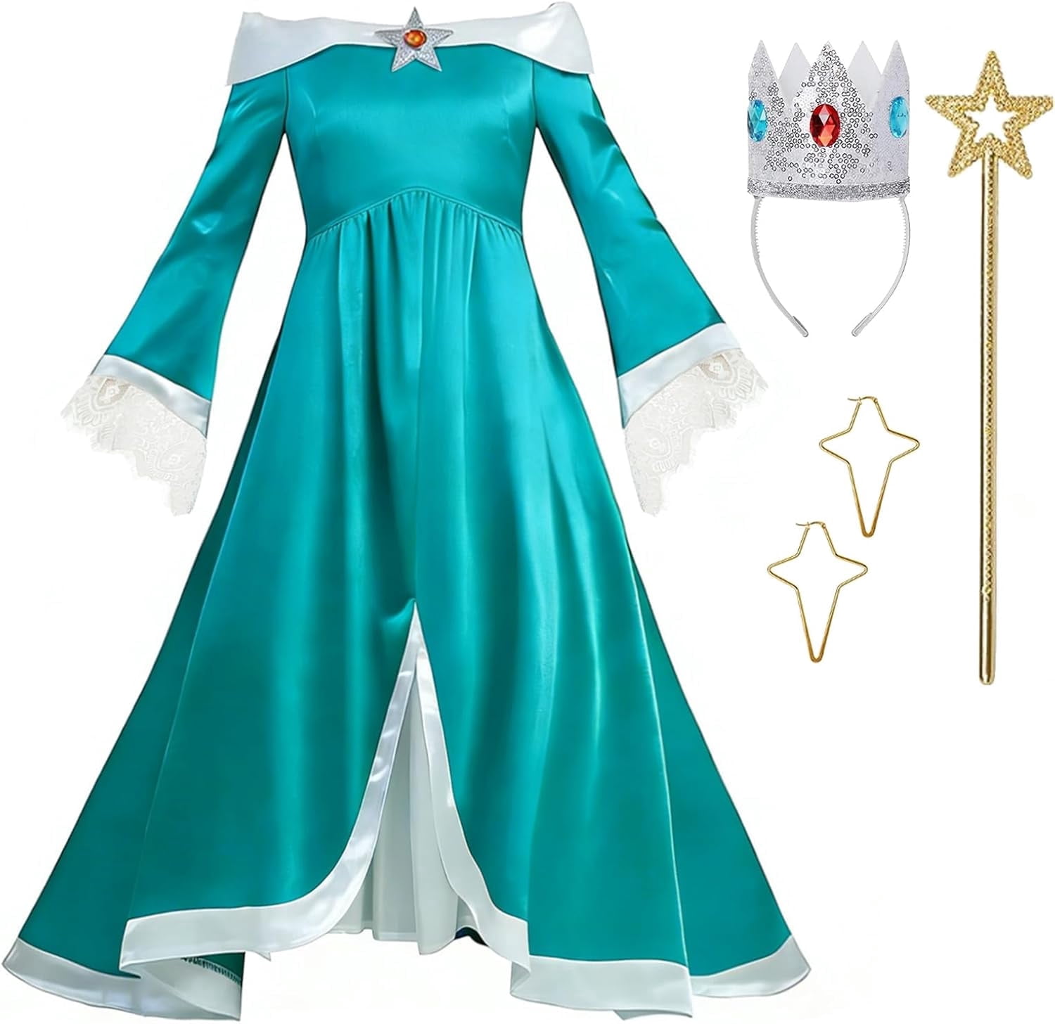 Guvpev Super Bros Galaxy Princess Costume Dress, Rosallina Princess Off-Shoulder Fancy Dress with Crown & Wand Accessories, Video Game Character Cosplay Outfit for Halloween & Birthday Party