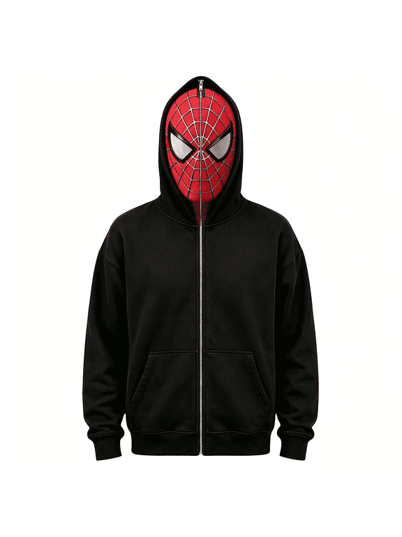 Unisex Superhero Full Zip-Up Mask Hoodie, Heroes Cosplay Costume Hooded Sweatshirt with Front Pockets, Full Face Graphic Novelty Outerwear for Halloween Party & Fancy Dress Up