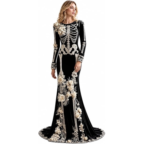 Guvpev Women's Skeleton Dress, 3D Print Floral Long Sleeve Velvet Mermaid Gown, Halloween Costume for Cospaly Party & Fancy Dress