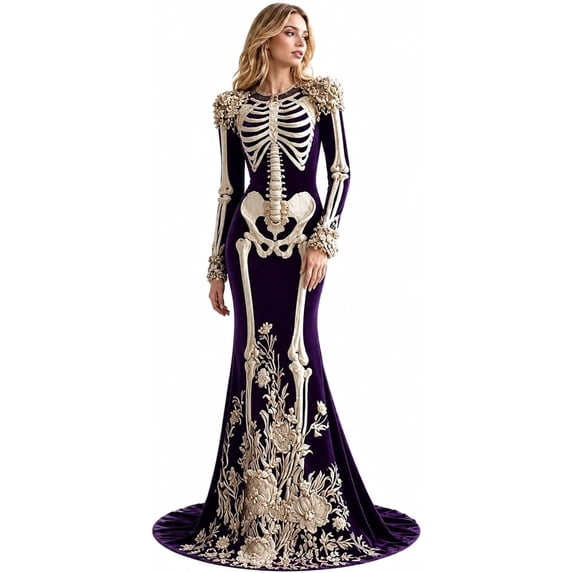 Guvpev Women's Skeleton Dress, 3D Print Floral Long Sleeve Velvet Mermaid Gown, Halloween Costume for Cospaly Party & Fancy Dress