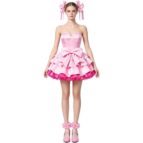 Guvpev Zombie Stage Mizi Cosplay Costume for Women's, Pink Strapless Tiered Ruffle Dress with Large Bow & Dress Up Accessories, Alien Stage Halloween Cosplay Outfits Full Set