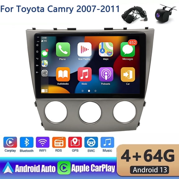 Guwzn Car Stereo Radio for Toyota Camry 2007-2011 10" Touchscreen 4+64G Vehicle GPS Navigation Wireless CarPlay Android Auto