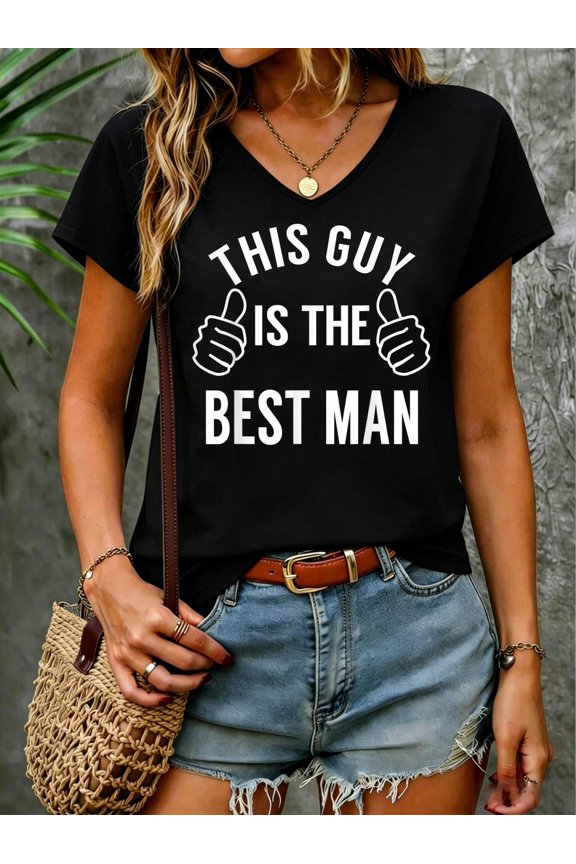This Guy Is The Best Man Shirt - Best Man Bachelor Party Tee V Neck T-Shirt Cotton Women's V Neck Graphic Tee, Casual Short Sleeve Shirt,Vacation Outfit