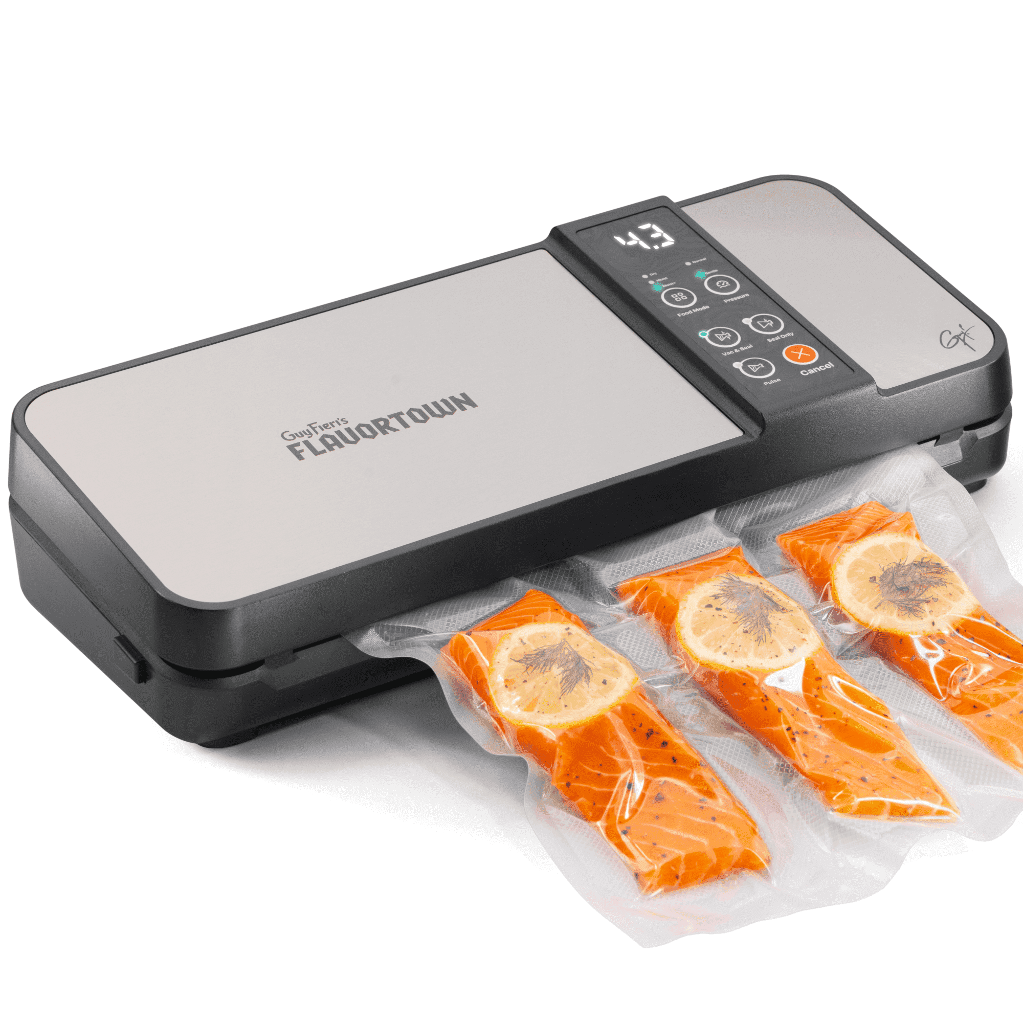 Guy Fieri's Flavortown Compact Vacuum Sealer with Built-In Roll Storage and Dry & Moist Modes - Includes Starter Kit (5) Quart Size Bags, 10ft Roll, and Accessory Hose for Containers and Bottles