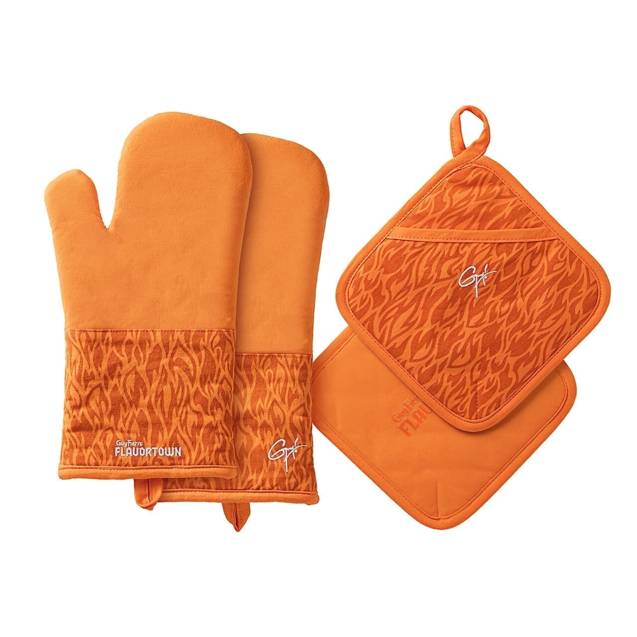 Guy Fieri's Flavortown Kitchen Essentials Bundles, Orange Flame 4-Piece Set, 2 Oven Mitts & 2 Pot Holders, High Heat Resistant up to 450°F