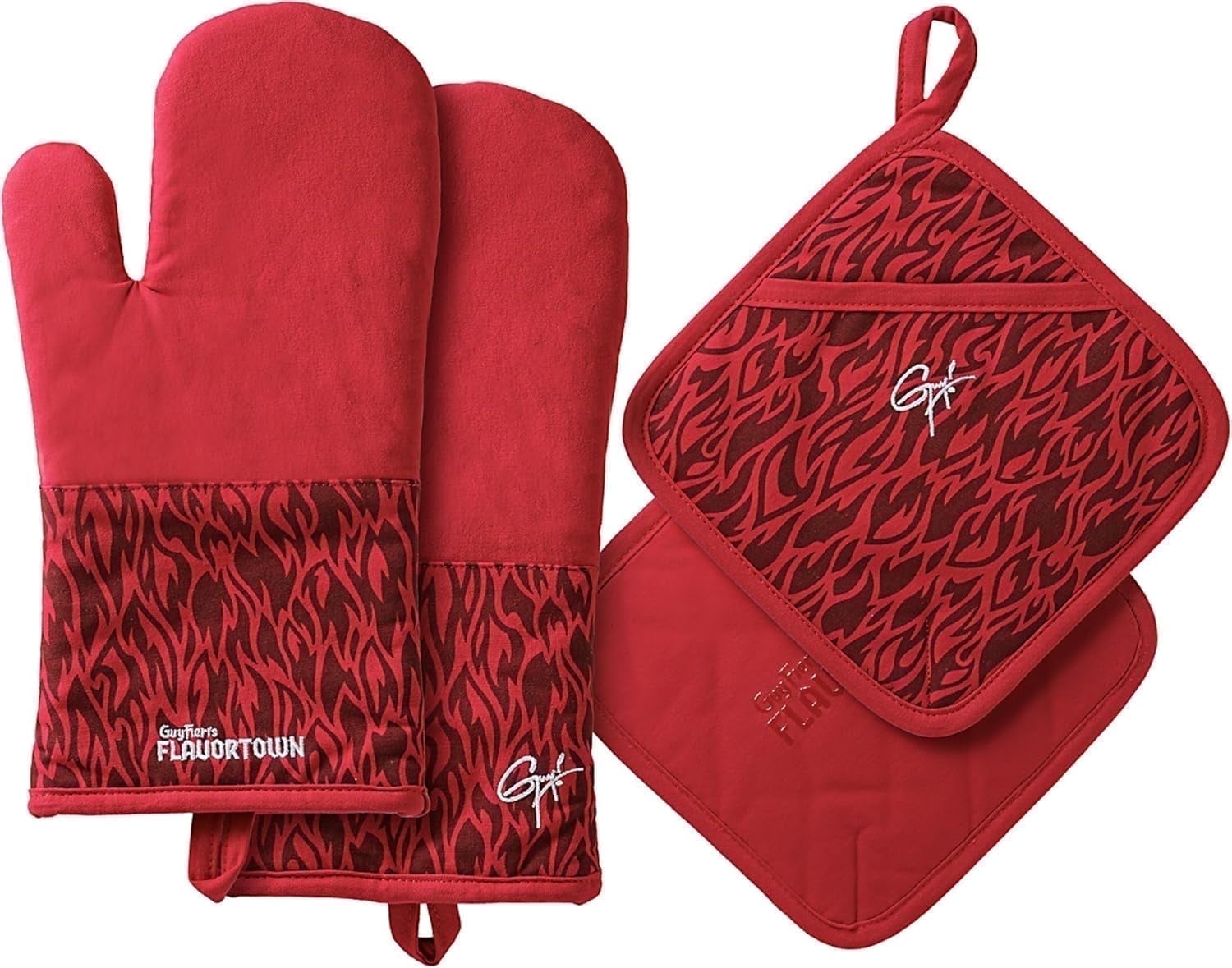 Guy Fieri's Flavortown Kitchen Essentials Bundles, Red Flame 4-Piece Set, 2 Oven Mitts & 2 Pot Holders, High Heat Resistant up to 450°F
