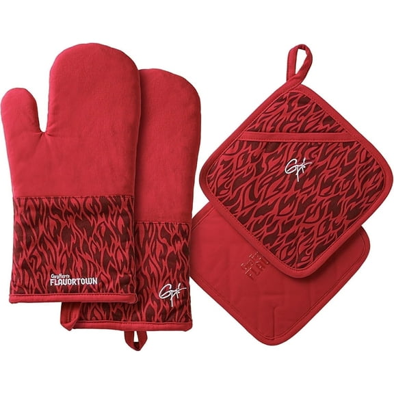 Guy Fieri's Flavortown Kitchen Essentials Bundles, Red Flame 4-Piece Set, 2 Oven Mitts & 2 Pot Holders, High Heat Resistant up to 450°F
