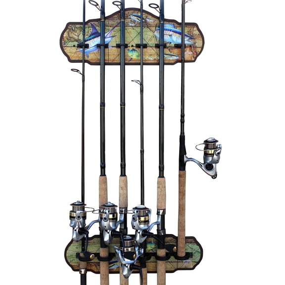 Rush Creek Creations Fishing Rod Wall Rack, 6 Rod Capacity, Guy Harvey Design
