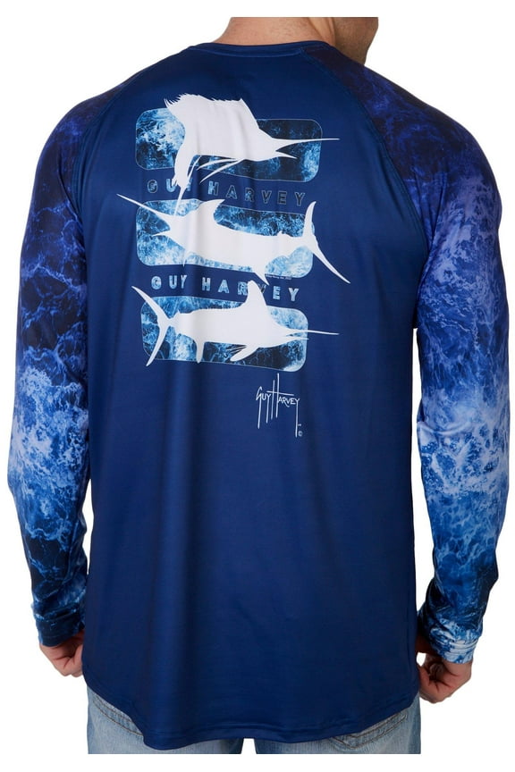 Mens Deep Blue Raglan Sun Protection Long Sleeve (Surf The Web, XL)