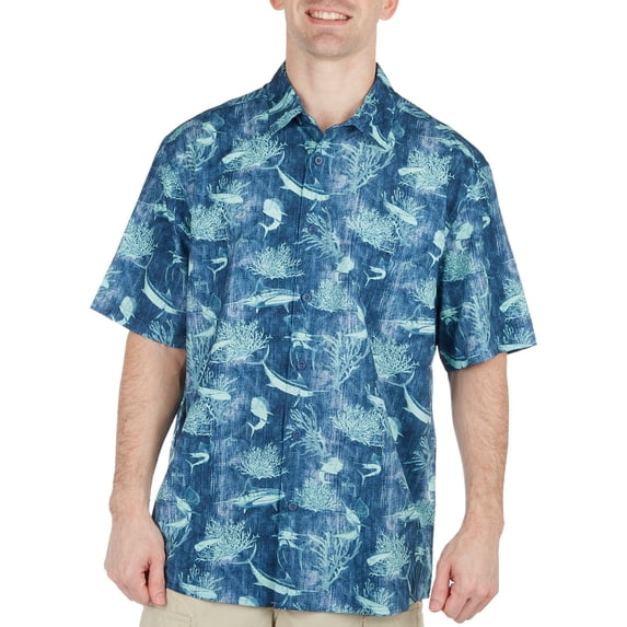 Guy Havey Mens Fish Shells Print Short Sleeve Shirt Large Blue