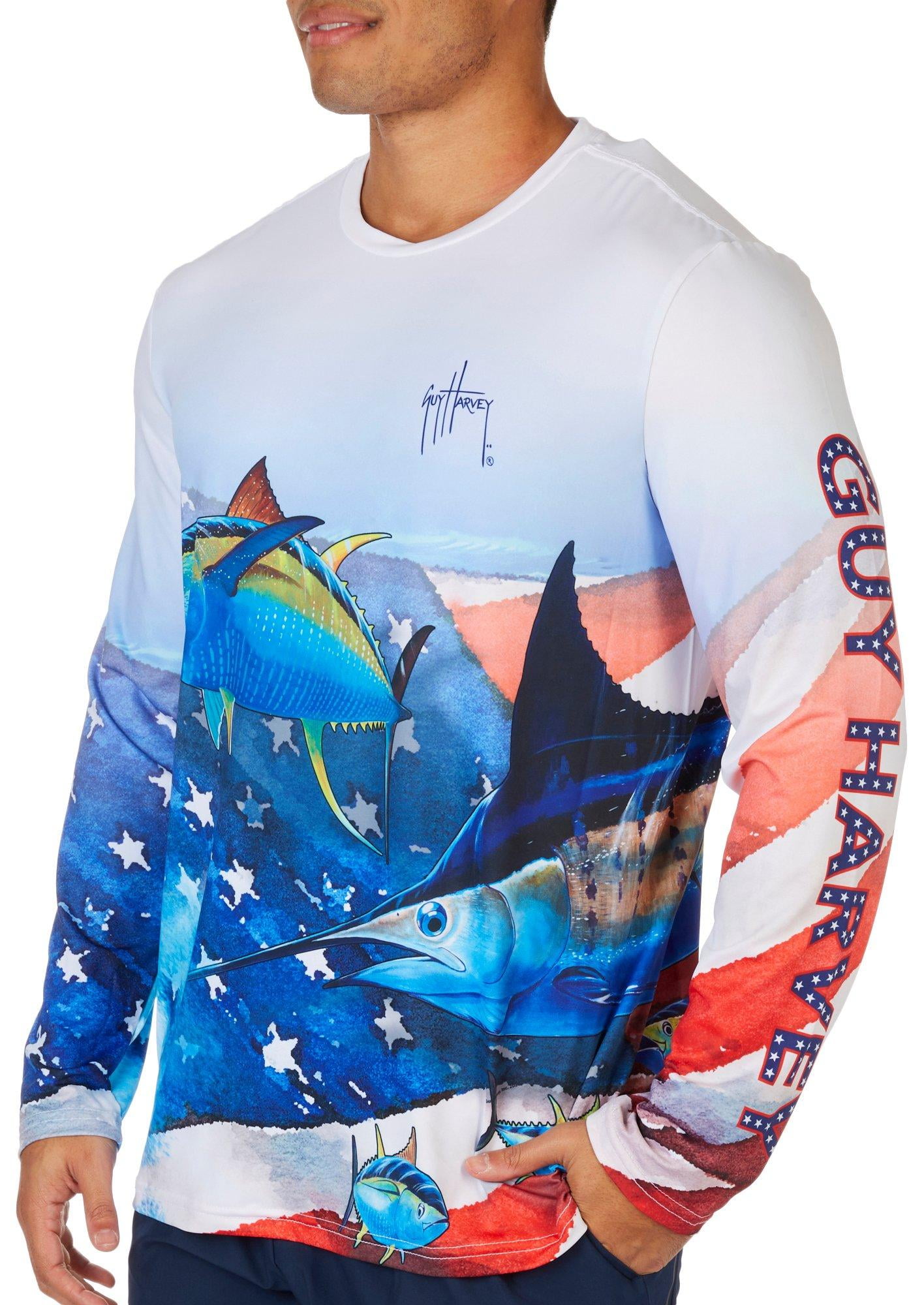 Guy Harvey Mens Fish Flag Long Sleeve Performance T-Shirt Small White/blue  multi