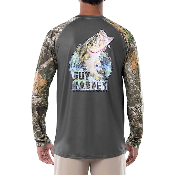 Guy Harvey Men's Raglan Sleeve Sun Protection Top Large Dark Shadow/Jumping Bass