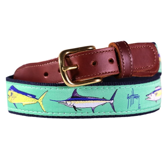 Guy Harvey Men’s Seafoam Offshore Game Fish Leather Tab Belt