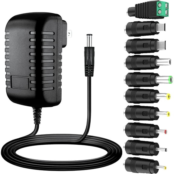 Guy-Tech 12V 1A AC Adapter Charger Replacement w/10 Tips, Regulated Power Supply Cord for LED Strip Light, CCTV Camera, BT Speaker, GPS, Webcam, Router, DC12V Transformer