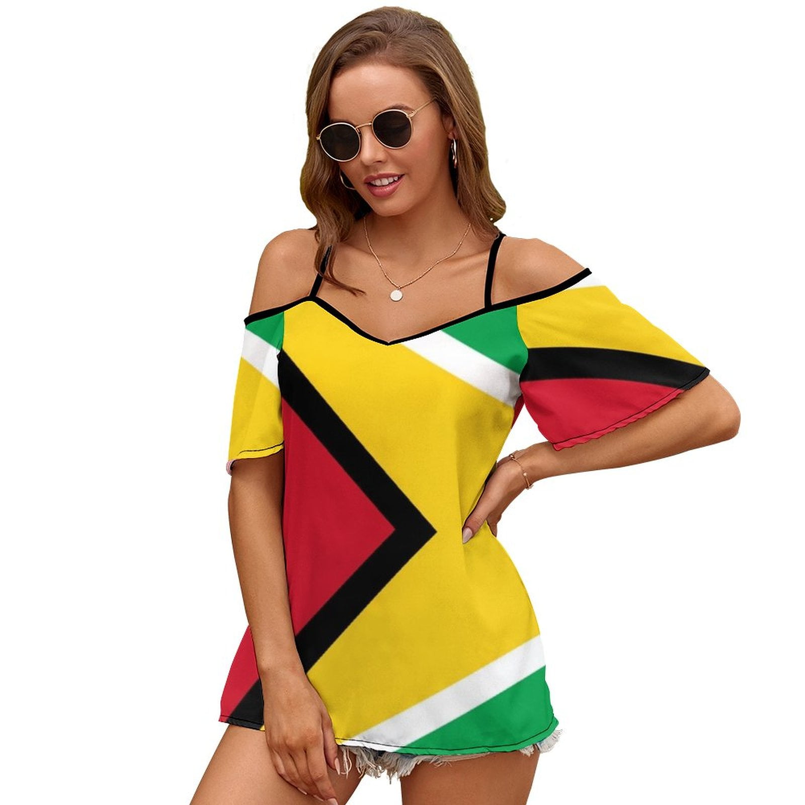 Linkasi Guyana Flag Women's Asymmetric Sleeveless Top - Sexy Lower Shoulder Design Vest