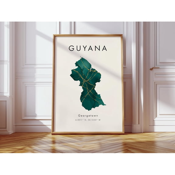 Guyana Map Green And Gold South America Wall Art Home Decor Geography Map Gift Wallpaper
