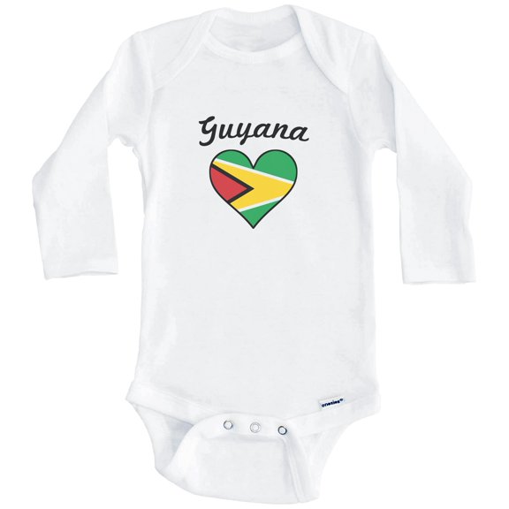 Guyanese Flag Heart Guyana One Piece Baby Bodysuit (Long Sleeve), 3-6 Months White